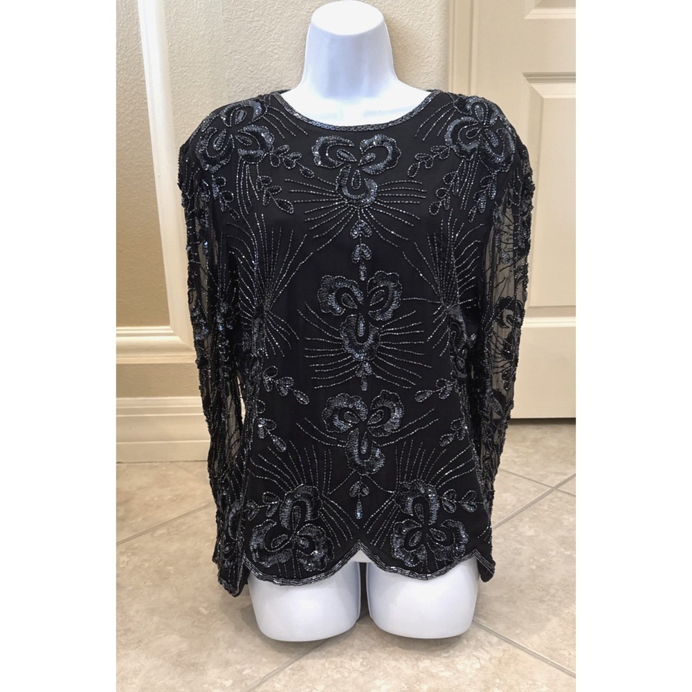 VTG Stenay Blouse Top Black Silk‎ Beaded Sequin Party 90s Sheer Lined Size L